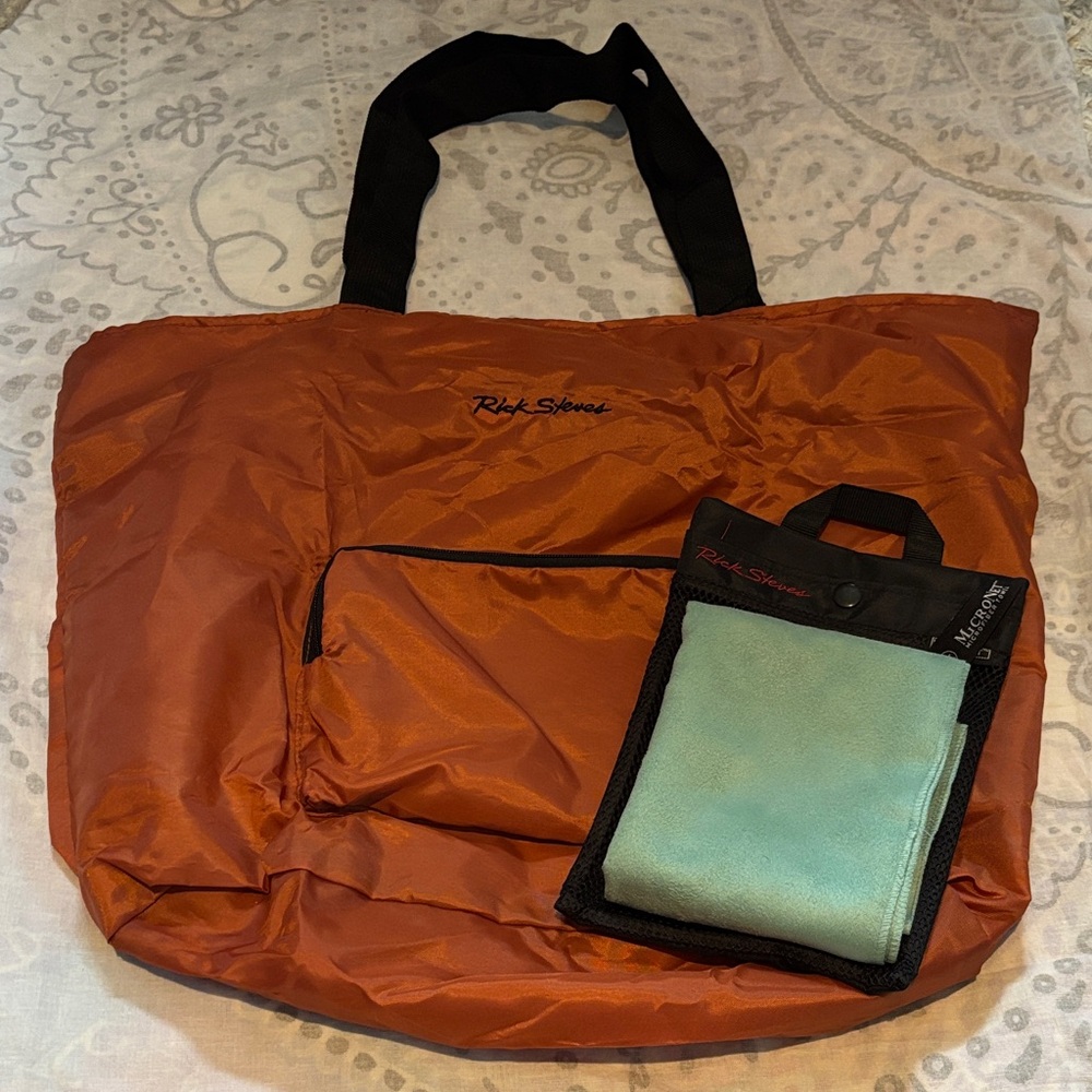 Rick Steves Orange Packable Travel Tote & Micronet Travel Net Bag with Towel